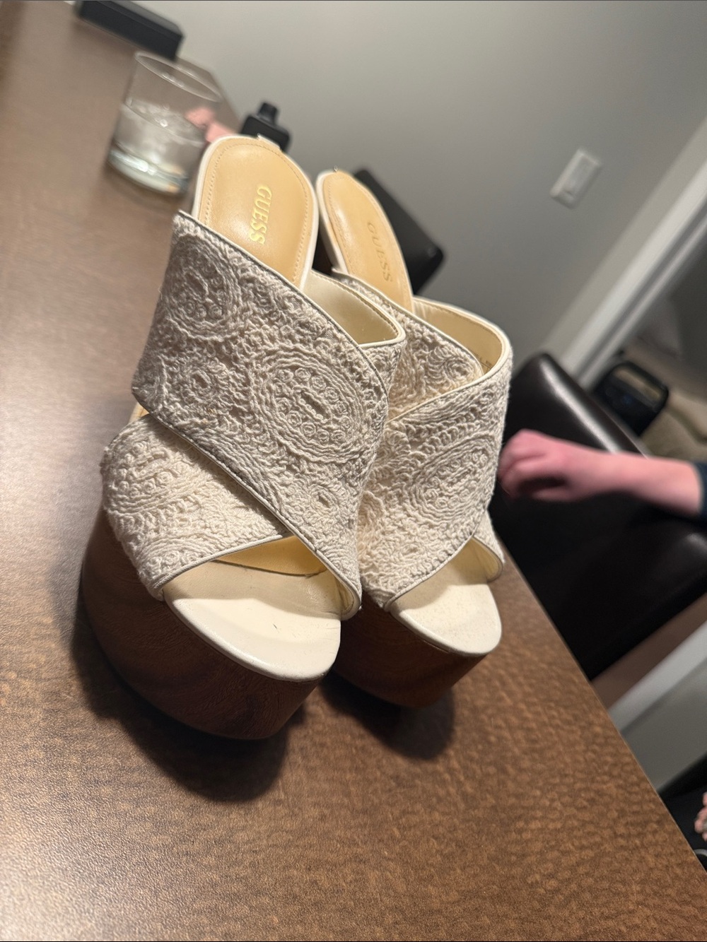GUESS Cream Crochet Crossband Platform Mules